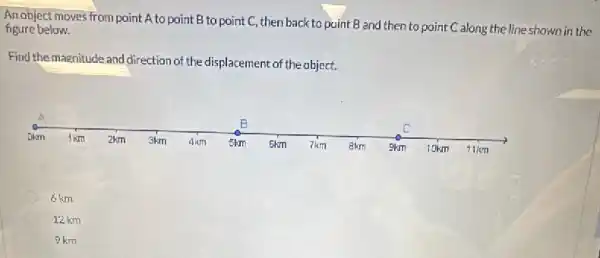 Anobject moves from point A to point B to point C, then back to point B and then to point C along the line shown in the
figure below.
Find the magnitude and direction of the displacement of the object.
6km
12 km
9km