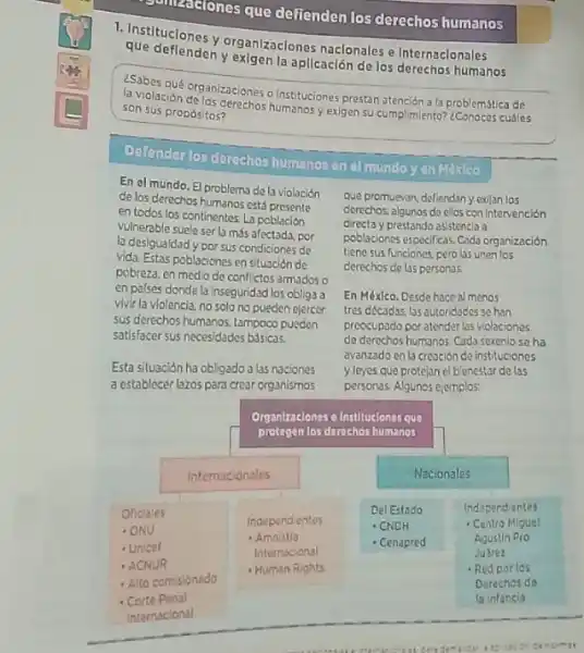 anzaciones que defienden los derechos humanos
questiciones y organizaciones naclonales e Internaclonales
deflenden y exigen la apilcación de los derechos humanos
la violación croanizaciones o instituciones prestan
son sus propósitos?
atención a la problemática de
Defender los darechos humanos an almundoy en Moxico
En el mundo. E problema de la violación
de los derechos humanos está presente
en todos los continentes La población
vulnerable suele ser la más afectada, por
la desigualdad y por sus condiciones de
vida. Estas poblaciones en situación de
pobreza, en medio de conflictos armados o
en palses donde la inseguridad los obliga a
vivir la vlolencia, no solo no pueden ejercer
sus derechos humanos, tampoco pucden
satisfacer sus necesidades básicas
Esta situación ha obligado a las naciones
a establecer lazos para crear organismos
que promuevan, defiendany exijan los
derechos, algunos de ellos con Intervención
directa y prestando asistencia a
poblaciones especificas, Cada organización
tiene sus funciones, pero las unen los
derechos cle las personas.
En Móxlco. Desde hace al menos
tres décadas, las autoridades sehan
preocupado por atender las violaciones
de derechos humanos. Cada sexenio se ha
avanzado en la creación do instituciones
yleyes que protejan el blenestar de las
personas. Algunos ejemplos:
Organizaciones e Instituclones que
protegen los derachos humanos
Internacionales
Nacionales
Independientes
- Amnistia
Internacional
- Human Rights
Dal Estado
- CNDH
- Cenapred
Independ entes
- Centro Miguel
Agustin Pro
Jusrez
- Red por los