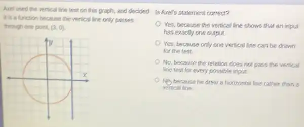 Avel used the vertical line test on this graph, and decided is Avel's statement correct?
it is a function because the vertical line only passes
through one point, (3,0)
x
Yes, because the vertical line shows that an input
has exactly one output.
Yes, because only one vertical line can be drawn
for the test.
No, because the relation does not pass the vertical
line test for every possible input.
My because he drew a horizontal line rather than a
vertical line