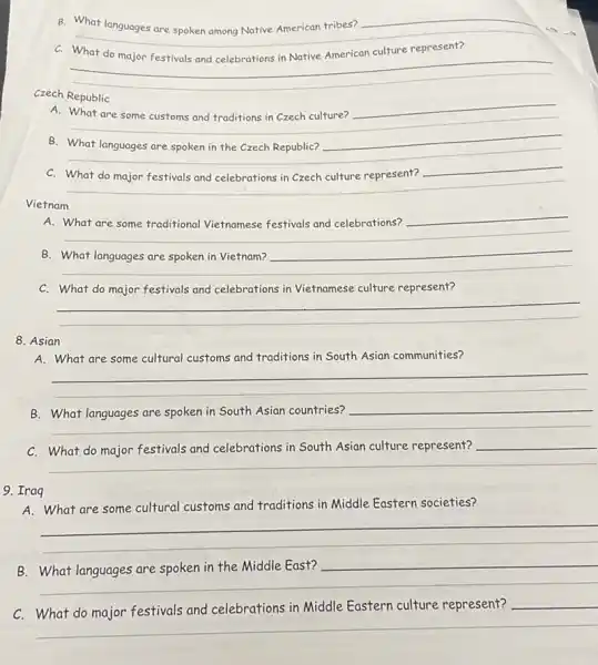 B. What languages are spoken among Native American tribes? __
C.
__
Czech Republic
B.
__
__ c
C.
__
Vietnam
A. __
B.
__
C. What do major festivals and celebrations in Vietnamese culture represent?
__
8. Asian
A. What are some cultural customs and traditions in South Asian communities?
__
B.
__
disappointed
__
C. What do major festivals and celebrations in South Asian culture represent?
9. Iraq
A. What are some cultural customs and traditions in Middle Eastern societies?
__
B __
disappointed
C. What do major festivals and celebrations in Middle Eastern culture represent?
__