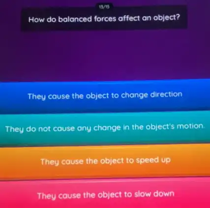 How do balanced forces affect an object?
They cause the object to change direction
They do not cause any change in the object's motion.
They cause the object to speed up
They cause the object to slow down