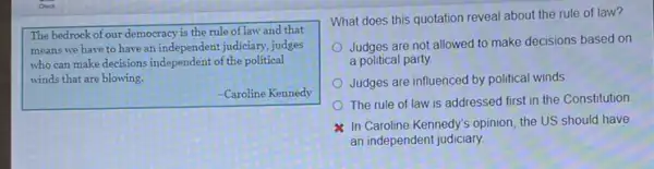 The bedrock of our democracy is the rule of law and that
means we have to have an independent judiciary, judges
who can make decisions independent of the political
winds that are blowing.
-Caroline Kennedy
What does this quotation reveal about the rule of law?
Judges are not allowed to make decisions based on
a political party.
Judges are influenced by political winds
The rule of law is addressed first in the Constitution
In Caroline Kennedy's opinion, the US should have
an independent judiciary.