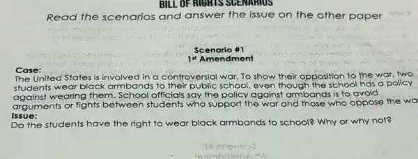 BILL OF.RIGHTS SUENA HIUS
Read the scenarios and answer the issue on the other paper
Scenario #1
1st Amendment
Case:
The United States is involved in a controversial war To show their opposition to the war, two
students wear black armbands to their public school, even though the school has a policy
against wearing them. School officials say the policy against armbands is to avoid
arguments or fights between students who support the war and those who oppose the wa
Issue:
Do the students have the right to wear black armbands to school? Why or why not?