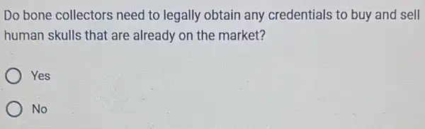 Do bone collectors need to legally obtain any credentials to buy and sell
human skulls that are already on the market?
Yes
No