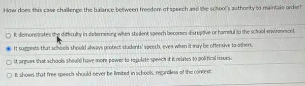 How does this case challenge the balance between freedom of speech and the school's authority to maintain order?
It demonstrates the difficulty in determining when student speech becomes disruptive or harmful to the school environment.
C It suggests that schools should always protect students speech, even when it may be offensive to others.
It argues that schools should have more power to regulate speech if it relates to political issues.
It shows that free speech should never be limited in schools, regardless of the context.