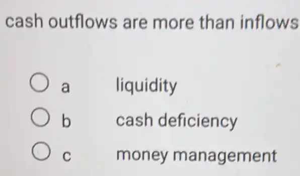 cash outflows are more than inflows
a	liquidity
b
cash deficiency
C money management