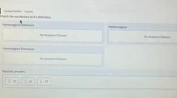 Categorization 1 point
Match the vocabulary to it's definition.
Homozygous Dominant
No Answers Chosen
Homozygous Recessive
square  discussed
Heterozygous
square 
Possible answers