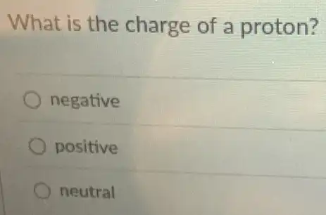 What is the charge of a proton?
negative
positive
neutral