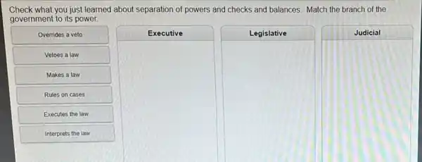 Check what you just learned about separation of powers and checks and balances. Match the branch of the
government to its power.
Overrides a veto
Vetoes a law
Makes a law
Rules on cases
Executes the law
Interprets the law
Executive
square 
Legislative
square 
Judicial
square