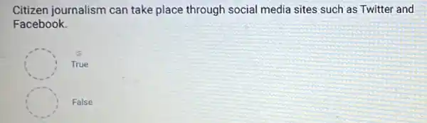 Citizen journalism can take place through social media sites such as Twittel and
Facebook.
C True
C False