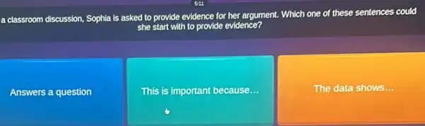 a classroom discussion, Sophia is asked to provide evidence for her argument.Which one of these sentences could
she start with to provide evidence?
Answers a question
This is important because
The data shows. __