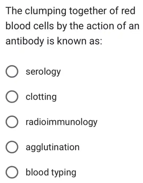 The clumping together of red
blood cells by the action of an
antibody is known as:
serology
clotting
radioimmunology
agglutination
blood typing