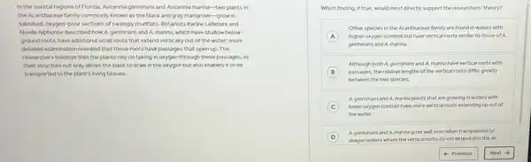 In the coastal regions of Florida, Avicennia germinans and Avicennia marina-two plants in
the Acanthaceae family commonly known as the black and gray mangrove-grow in
salinated, oxygen-poor sections of swampy mudfats. Botanists Karine Lefebvre and
Noelle Alphonse described how A. germinans and A.marina, which have shallow below
ground roots, have additional small roots that extend vertically out of the water; more
detailed examination revealed that these roots have passages that open up. The
researchers theorize that the plants rely on taking in oxygen through these passages, as
their structure not only allows the plant to draw in the oxygen but also enables it to be
transported to the plant's living tissues.
Which finding, if true, would most directly support the researchers' theory?
A higher oxygen content but have vertical roots similar to those of A.
Other species in the Acanthaceae family are found in waters with
germinans and A. marina.
B passages, the relative lengths of the vertical roots differ greatly
Although both A.germinans and A. marina have vertical roots with
B
between the two species.
C lower oxygen content have more vertical roots extending up out of
A. germinans and A.marina plants that are growing in waters with
the water.
D
deeper waters where the vertical roots do not extend into the air.
A. germinans and A.marina grow well even when transplanted to