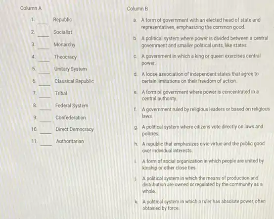 Column A
1. __ Republic
2
__ Socialist
3. __ Monarchy
4
__ Theocracy
5.
__ Unitary System
6. __ Classical Republic
7. __ Tribal
8. __ Federal System
9. __ Confederation
10 __ Direct Democracy
11. __ Authoritarian
a. A form of government with an elected head of state and
representatives, emphasizing the common good.
b. A political system where power is divided between a central
government and smaller political units, like states.
c. A government in which a king or queen exercises central
power.
d. Aloose association of independent states that agree to
certain limitations on their freedom of action.
e. A form of government where power is concentrated in a
central authority.
1. A government ruled by religious leaders or based on religious
laws
9. A political system where citizens vote directly on laws and
policles
h. A republic that emphasizes civic virtue and the public good
over individual interests.
A form of social organization in which people are united by
kinship or other close ties.
). A political system in which the means of production and
distribution are owned or regulated by the community as a
whole.
k. A political system in which a ruler has absolute power, often
obtained by force