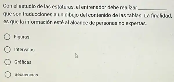 Con el estudio de las estaturas, el entrenador debe realizar __
que son traducciones a un dibujo del contenido de las tablas. La finalidad,
es que la información esté al alcance de personas no expertas.
Figuras
Intervalos
Gráficas
Secuencias