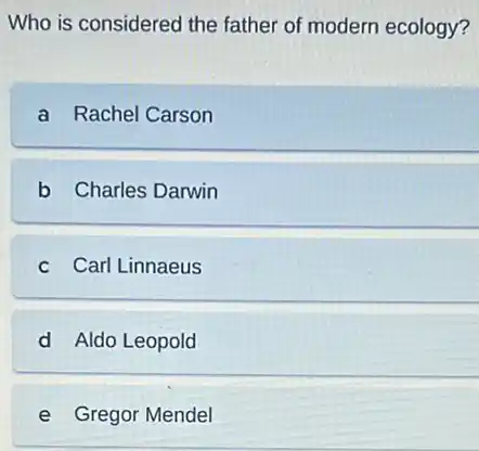 Who is considered the father of modern ecology?
a Rachel Carson
b Charles Darwin
c Carl Linnaeus
d Aldo Leopold
e Gregor Mendel