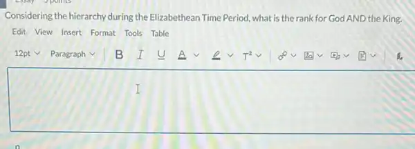 Considering the hierarchy during the Elizabethean Time Period, what is the rank for God AND the King.
Edit View Insert Format Tools Table
square