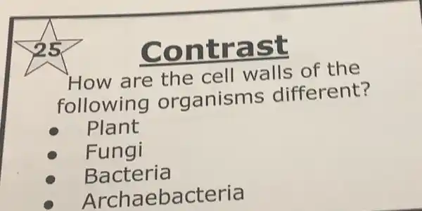 Contrast
How are the cell walls of the
following organisms different?
Plant
Fungi
Bacteria
Archaebacteria