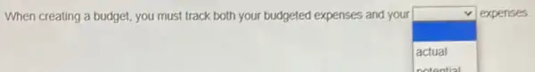 When creating a budget you must track both your budgeted expenses and your
square 
.
expenses
actual