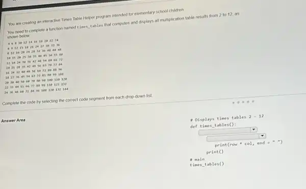 You are creating an interactive Times Table Helper program intended for elementary school children
You need to complete a function named times tables that computes and displays all multiplication table results from 2 to 12. as
shown bolow
1681012141618202224
89121518212427303336
12 16 20 24 28 32 36 40 44 48
15202530354045503560
12 18 24 30 36 42 48 54 60 66 72
1421283542495663707784
1624324048566472808896
18273645546372819099108
2030405060705090100110120
2233445566778899110121132
24364860728496108120132144
Complete the code by selecting the correct code segment from each drop down list
Answer Area
4 Displays times tables 2-12
def times tables():
square 
square 
print(row"col, end
print()
main
times tables()