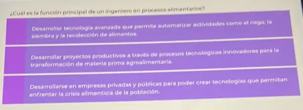 ¿Cual es la funcion principal de un ingeniero en procesos alimentarios?
Desarrollar tecnologia avanzada que permite automatizar actividades como el riego
slembray la recolección de alimentos.
Desarrollar proyectos productivos a traves de procesos tecnológicos innovadores para la
transformación de materia prima agroalimentaria.
Desarrollarse en empresss privadas y públicas para poder crear tecnologlas que permitan
enfrentar la crisis allmenticia de la población.