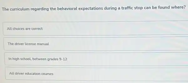 The curriculum regarding the behavioral expectations during a traffic stop can be found where?
All choices are correct
The driver license manual
In high school, between grades 9-12
All driver education courses