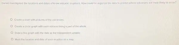 Daniel investigated the locations and dates of know volcanic eruptions. How could he organize the data to predict where volcanoes are most likely to occur?
Create a chart with pictures of the volcanoes
Create a circle graph with each volcano being a part of the whole.
Draw a line graph with the date as the independent variable.
Mark the location and date of each eruption on a map.