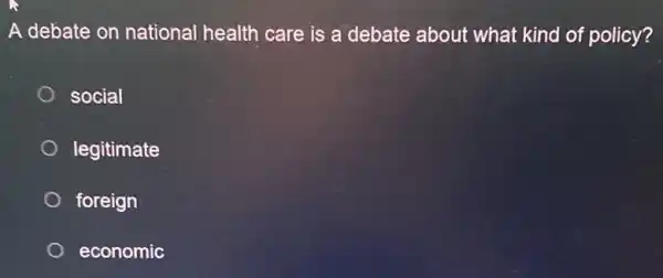 A debate on national health care is a debate about what kind of policy?
social
legitimate
foreign
economic