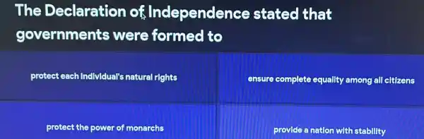 The Declaration of Independence stated that
governments were formed to
protect each Individual's natural rights
ensure complete equality among all citizens
protect the power of monarchs
provide a nation with stability