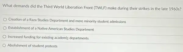 What demands did the Third World Liberation Front (TWLF) make during their strikes in the late 1960 s?
Creation of a Raza Studies Department and more minority student admissions
Establishment of a Native American Studies Department
Increased funding for existing academy departments
Abolishment of student protests