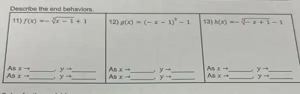 Describe the end behaviors.
11) f(x)=-sqrt [3](x-1)+1
As xarrow  __	__
As xarrow  __ ,y­­­­→ __
12) g(x)=(-x-1)^3-1
13) h(x)=-sqrt [3](-x+1)-1
As x - __	__
As xarrow  __ ,y­­­­→ __
As xarrow  __
As xarrow  __