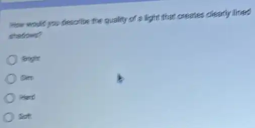 How would you describe the quality of a light that creates clearly lined
shadiow?
Bright
Dim
Hend
Soft