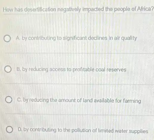 How has desertification negatively impacted the people of Africa?
A. by contributing to significant declines in air quality
B. by reducing access to profitable coal reserves
C. by reducing the amount of land available for farming
D. by contributing to the pollution of limited water supplies