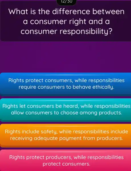 What is the difference between
a consumer right and a
consumer responsibility?
Rights protect consumers , while responsibilities
require consumers to behave ethically.
Rights let consumers be heard,while responsibilities
allow consumers to choose among products.
Rights include safety,while responsibilities include
receiving adequate payment from producers.
Rights protect producers while responsibilities
protect consumers.