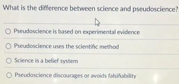 What is the difference between science and pseudoscience?
Pseudoscience is based on experimental evidence
Pseudoscience uses the scientific method
Science is a belief system
Pseudoscience discourages or avoids falsifiability