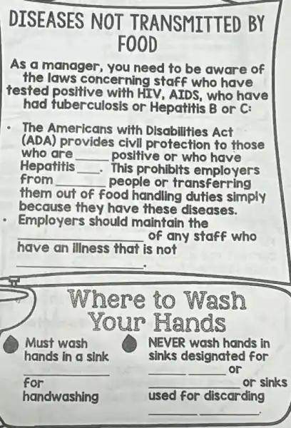 DISEASES NOT TRANSMITTED BY
FOOD
As a manager , you need to be aware of
the laws c oncerning staff who have
tested positive with HIV, AIDS, who have
had fuberculosis or Hepatitis B or C:
The Americans with Disabilities Act
(AD)A) provides those
who are __ positive or who have
Hepatitis __ - This prohibits employers
from __ people or transferring
them out of food handling duties simply
because they have these diseases.
Employers should maintain the
__ of any staff who
have an illness that is not
__
Where to Wash
YOUR Hands
for
__
NEVER wash hands in
sinks designated for
__ or
__ or sinks
used for discarding
__