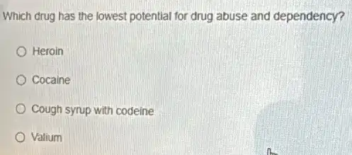 Which drug has the lowest potential for drug abuse and dependency?
Heroin
Cocaine
Cough syrup with codeine
Valium