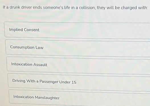 If a drunk driver ends someone's life in a collision, they will be charged with:
Implied Consent
Consumption Law
Intoxication Assault
Driving With a Passenger Under 15
Intoxication Manslaughter