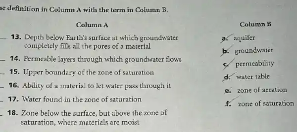 e definition in Column A with the term in Column B.
Column A
13. Depth below Earth's surface at which groundwater
completely fills all the pores of a material
14. Permeable layers through which groundwater flows
15. Upper boundary of the zone of saturation
16. Ability of a material to let water pass through it
17. Water found in the zone of saturation
18. Zone below the surface, but above the zone of
saturation,where materials are moist
Column B
a. aquifer
b. groundwater
C. permeability
d. water table
e. zone of aeration
1. zone of saturation