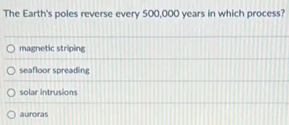 The Earth's poles reverse every 500,000 years in which process?
magnetic striping
seafloor spreading
solar intrusions
auroras