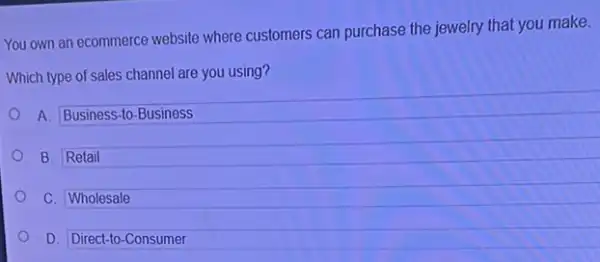 You own an ecommerce website where customers can purchase the jewelry that you make.
Which type of sales channel are you using?
A. Business-to-Business
B. Retail
C. Wholesale
D. Direct-to-Consumer