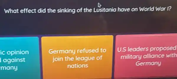 What effect did the sinking of the Lusitania have on World Wor P
ic opinion
against
many
Germany refused to
join the league of
nations
U.S leaders proposed
military alliance with
Germany