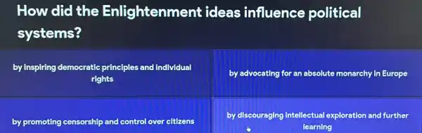 How did the Enlightenment ideas influence political systems?
by inspiring democratic principles and Individual rights
by advocating for an absolute monarchy in Europe
by promoting censorship and control over citizens
by discouraging Intellectual exploration and further learning