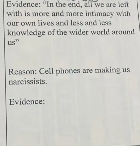 Evidence: "In the end, all we are left
with is more and more intimacy with
our own lives and less and less
knowledge of the wider world around
us'
Reason: Cell phones are making us
narcissists.
Evidence: