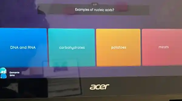 Examples of nucleic acids?
DNA and RNA
carbohydrates
potatoes
meats