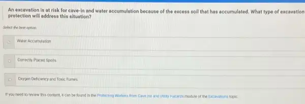 An excavation is at risk for cave-in and water accumulation because of the excess soil that has accumulated. What type of excavation
protection will address this situation?
Select the best option
Water Accumulation
Correctly Placed Spolls
Oxygen Deficiency and Toxic Fumes
If you need to review this content, it can be found in the Protecting Workers from Cave ins and Utility Hazards module of the Excavations topic.