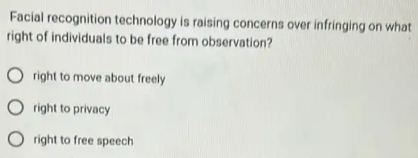 Facial recognition technology is raising concerns over infringing on what
right of individuals to be free from observation?
right to move about freely
right to privacy
right to free speech