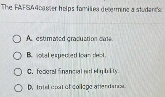 The FAFSA4caster helps families determine a student's:
A. estimated graduation date.
B. total expected loan debt.
C. federal financial aid eligibility.
D. total cost of college attendance.