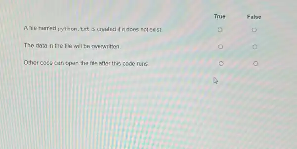 A file named python . txt is created if it does not exist.
The data in the file will be overwritten.
Other code can open the file after this code runs