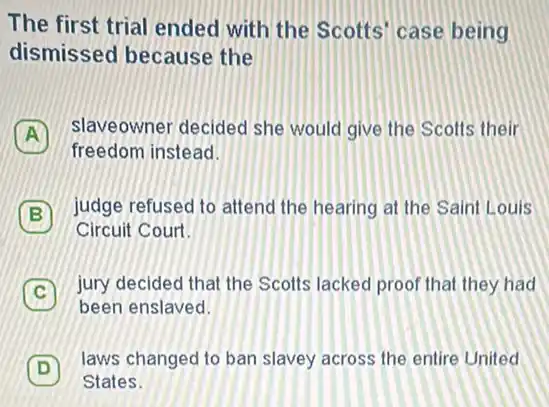 The first trial ended with the Scotts' case being
dismissed because the
slaveowner decided she would give the Scotts their
freedom instead.
judge refused to attend the hearing at the Saint Louis
Circuit Court.
C
jury decided that the Scotts lacked proof that they had
been enslaved.
D
laws changed to ban slavey across the entire United
D
States.